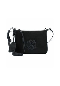 Borsa a tracolla nera in suede con dettagli in pelle, caratterizzata da un logo cucito, una tracolla staccabile e chiusura con zip. Forma rettangolare compatta.