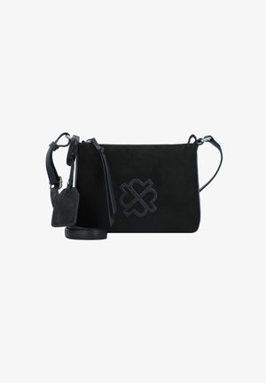 Borsa a tracolla nera in suede con dettagli in pelle, caratterizzata da un logo cucito, una tracolla staccabile e chiusura con zip. Forma rettangolare compatta.