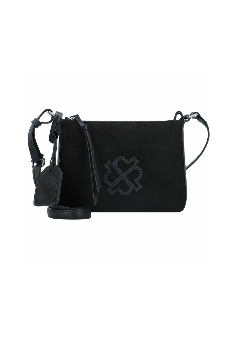 Borsa a tracolla nera in suede con dettagli in pelle, caratterizzata da un logo cucito, una tracolla staccabile e chiusura con zip. Forma rettangolare compatta.