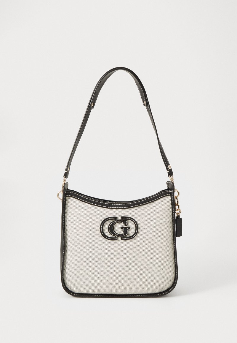 Borsa a spalla grigia e nera dal design elegante, con un logo in evidenza, hardware dorato e un corpo in tessuto texturizzato.