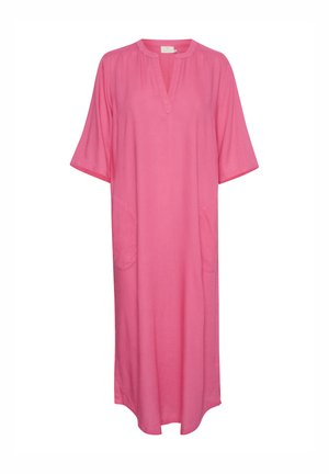 Roza obleka do kolen z polovičnimi rokavi, V-izrezom in dvema sprednjima žepoma, izdelana iz lahkega materiala.