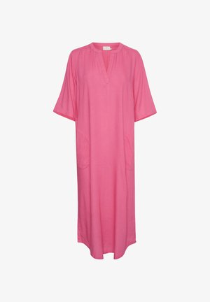 Roza obleka do kolen z polovičnimi rokavi, V-izrezom in dvema sprednjima žepoma, izdelana iz lahkega materiala.