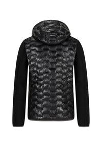 Schwarze Pufferjacke mit einem strukturierten, gepolsterten Rücken und glatten schwarzen Ärmeln. Verfügt über eine Kapuze und eine kontrastierende schwarze Vorderseite ohne sichtbare Verschlüsse.