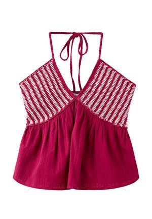 Bezruký magenta halter top s bielymi pruhovanými háčkovanými detailmi na hrudi a zaväzovaním na krku.