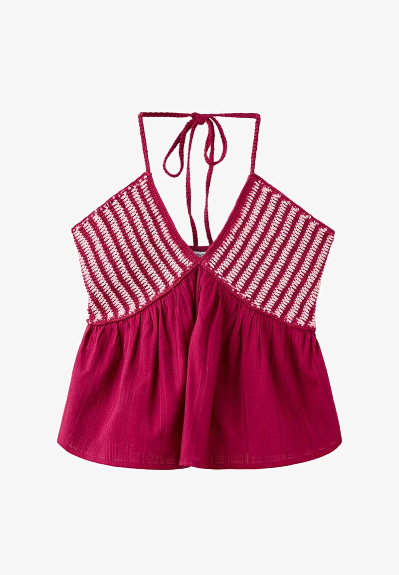 Haut dos nu magenta avec détails en crochet rayé blanc sur la poitrine et fermeture à nouer au cou.