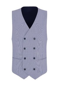 Niebieska i biała kamizelka w wzory z dekoltem w kształcie litery V, podwójnym zapięciem, czterema czarnymi guzikami i kieszeniami po bokach. Teksturowana tkanina.