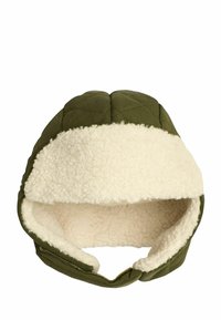 Gepolsterter grüner Hut mit weichem weißen Fleece-Futter, ausgestattet mit Ohrenklappen und einem Reißverschluss auf der Rückseite für eine verstellbare Passform.