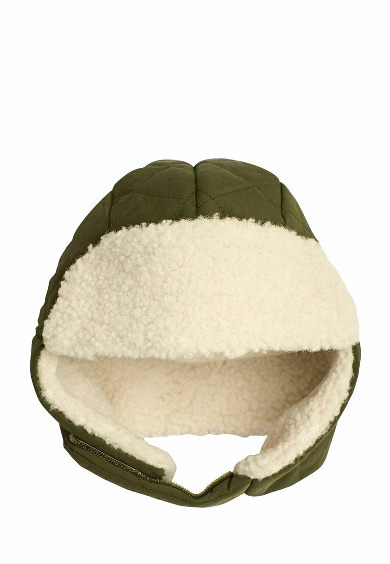 Gepolsterter grüner Hut mit weichem weißen Fleece-Futter, ausgestattet mit Ohrenklappen und einem Reißverschluss auf der Rückseite für eine verstellbare Passform.