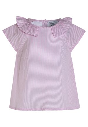 Robe pour tout-petit à manches courtes avec rayures verticales roses et blanches, col volanté et fermeture par boutons au dos.