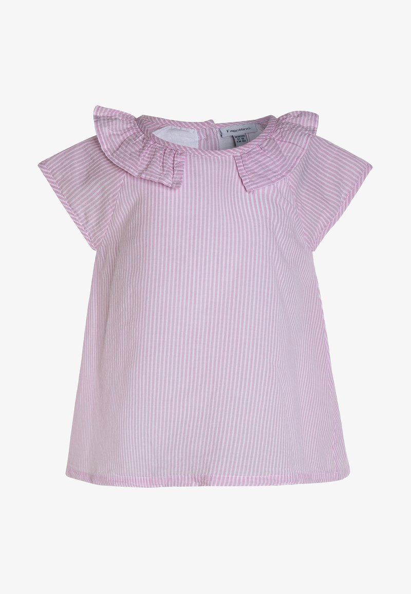 Robe pour tout-petit à manches courtes avec rayures verticales roses et blanches, col volanté et fermeture par boutons au dos.