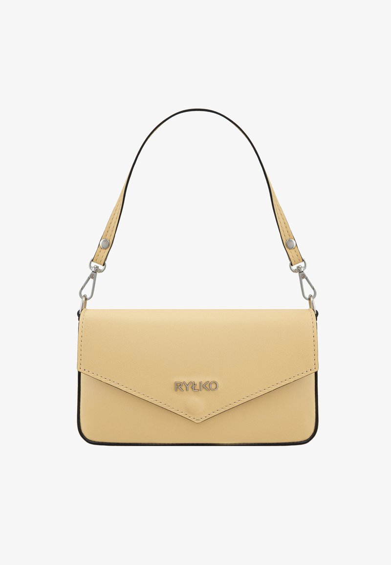 Sac à main en cuir jaune avec un rabat triangulaire et une bordure noire. Comprend une bandoulière amovible et des garnitures en métal argenté. Nom de la marque affiché sur le devant.