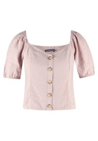 Blusa rosa aderente con scollo quadrato, maniche a palloncino e cinque bottoni frontali. Realizzata in un tessuto morbido con una sottile trama.