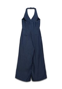Salopette in lino blu navy con scollo all'americana, pantaloni a gamba larga, due tasche frontali e vita arricciata per un fit rilassato.