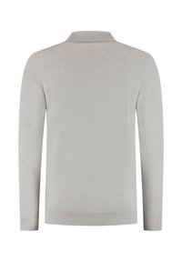 Langärmliger Pullover in Hellgrau, mit einem weichen, strukturierten Strick, gerippten Bündchen und Saum sowie einem klassischen Kragendesign.