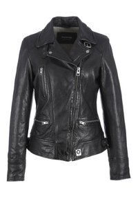 Schwarze Lederbikerjacke mit doppelter Reißverschlussleiste, mehreren Reißverschlusstaschen und einem ausgestellten Kragen mit Schnallen-Detail.
