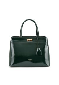 Groene lakleren handtas met twee handvatten, gouden hardware, een rechthoekige vorm en een klein label dat aan de zijkant hangt.