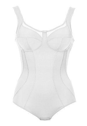 White bodysuit with adjustable straps, smooth texture, and defined cups. Features seaming details and a hook closure at the bottom.