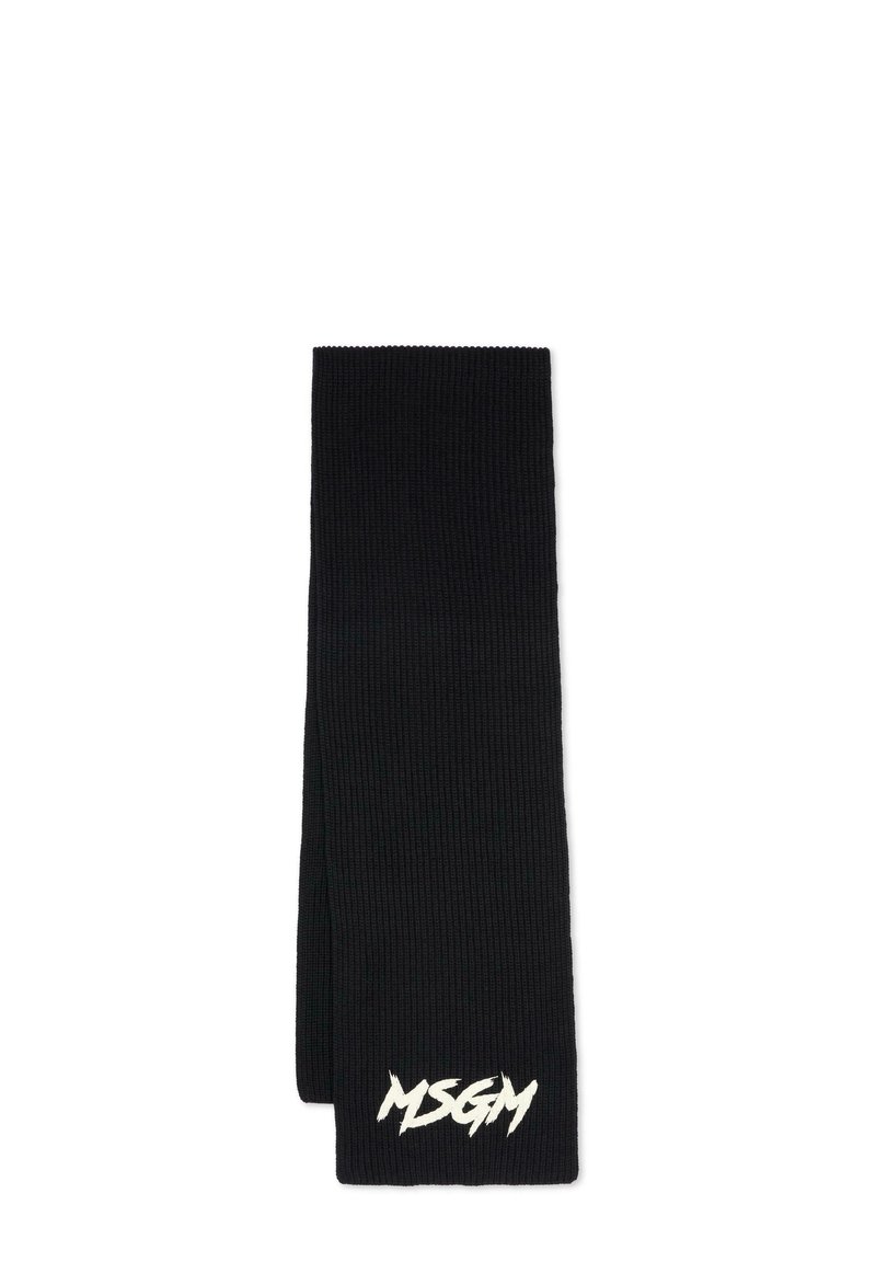 Scarf nera a costine realizzata in tessuto testurizzato con il logo "MSGM" ricamato in bianco nella parte inferiore. Forma lunga e rettangolare.