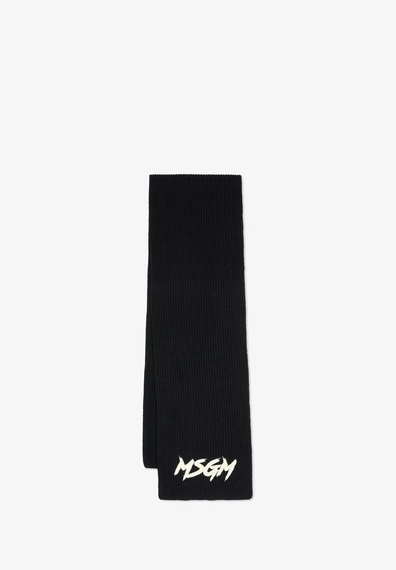 Zwarte geribde sjaal van textuurstof met een wit geborduurd "MSGM" logo aan de onderkant. Lange en rechthoekige vorm.