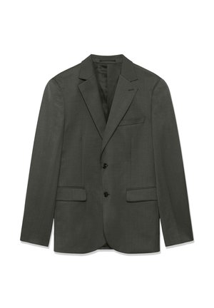 Tmavohnedý pánsky sako s klopou, dvomi prednými gombíkmi, s vreckami na klopách a náprsné vrecko, vystavené rovno na bielom pozadí.