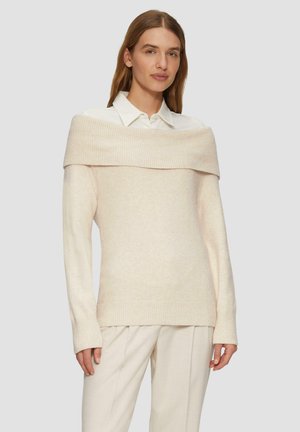 Maglione leggero color beige chiaro off-the-shoulder in morbido tessuto a maglia presenta un colletto e polsini a costine, con una vestibilità comoda e maniche lunghe.