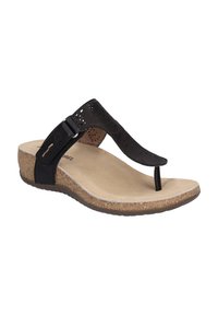 Black thong sandal with a perforated leather upper, cork midsole, and textured rubber outsole. Features a toe post and adjustable strap.