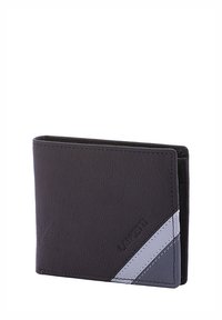 Bruine leren portefeuille met een gestructureerde afwerking, voorzien van een grijs en blauw driehoekig ontwerp op een hoek en een reliëflogo.