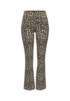 Leggings de talle alto con estampado de leopardo, ajustados en la parte superior de la pierna y ligeramente acampanados en la parte inferior, en tonos negros y marrones.
