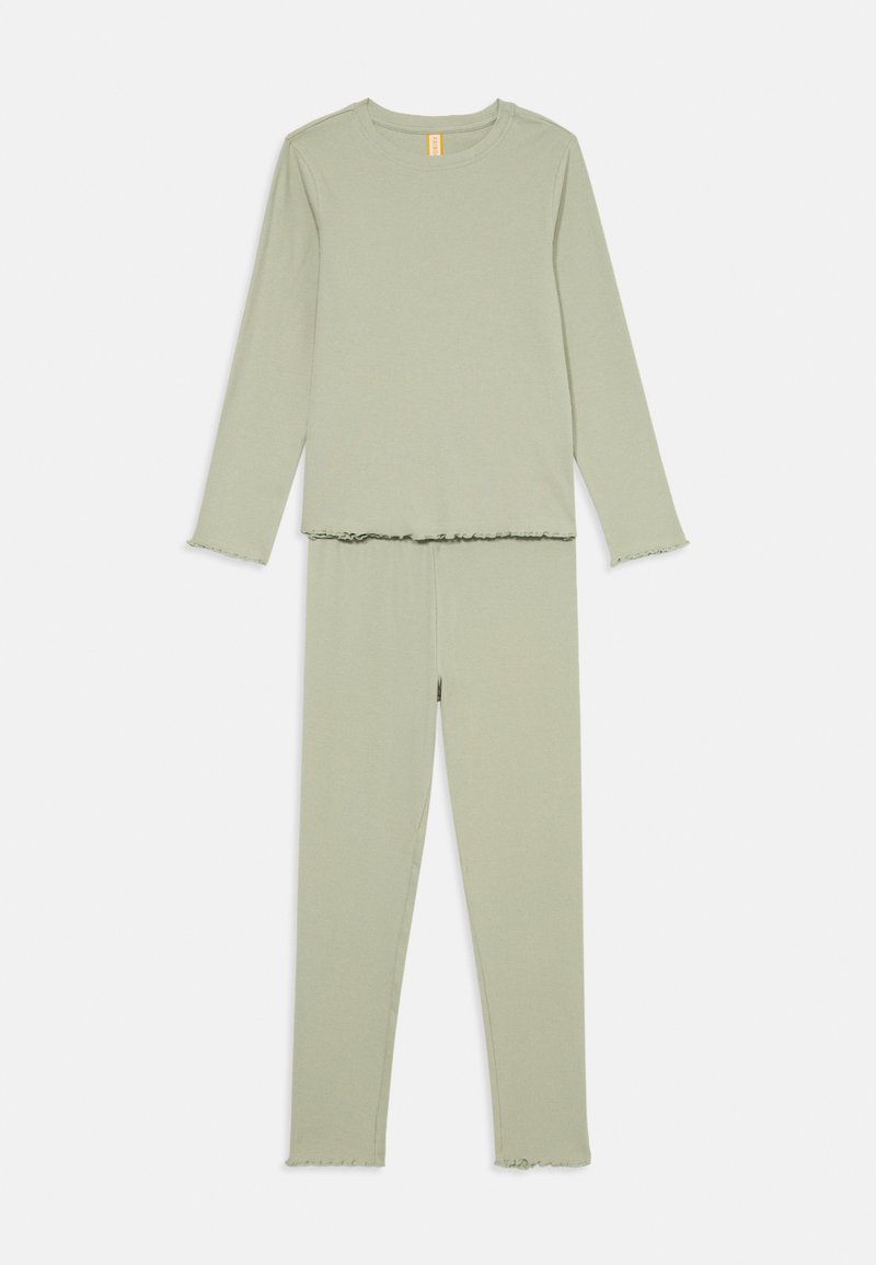 Light green ribbed long-sleeve top and matching leggings with lettuce-edge hems laid flat on white background.