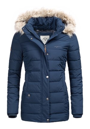 Donkerblauwe gewatteerde winterjas met capuchon afgezet met bont, ritssluiting aan de voorkant, drukknoopjes en twee taillezakken.