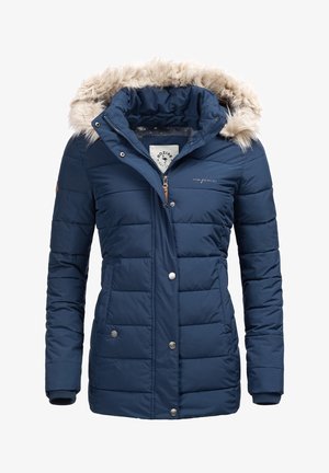Mørkeblå polstret vinterjakke med pelskantet hætte, lynlås foran, trykknapper og to lommer ved taljen.