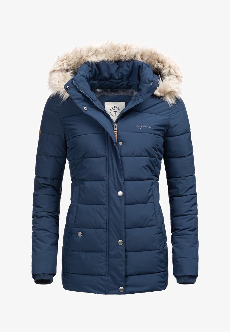 Chaqueta de invierno acolchada azul marino con capucha con borde de piel, cremallera frontal, botones a presión y dos bolsillos a la altura de la cintura.