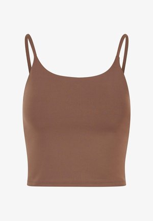 Bruine crop top van gladde stof met dunne, verstelbare schouderbanden. Heeft een ronde halslijn en een aansluitende silhoutte.