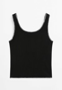 Débardeur noir côtelé sans manches avec des surpiqûres blanches le long des bords, posé à plat sur un fond blanc.