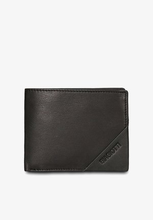 Zwarte leren portemonnee met een getextureerde afwerking, voorzien van een diagonale accent en een logo geperst op de voorkant. Compact en rechthoekig ontwerp.