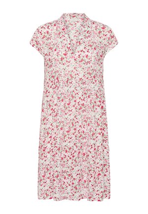 Vestido floral de mangas cortas, con pequeñas flores rosas y verdes sobre un fondo blanco. Diseñado con escote en forma de V y corte holgado.