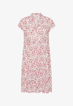 Robe fleurie à manches courtes, ornée de petites fleurs roses et vertes sur fond blanc. Conçue avec un décolleté en V et une coupe ample.