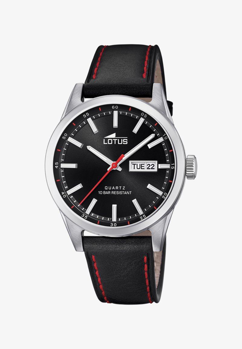 Schwarze Quarz-Uhr mit silbernem Gehäuse, schwarzem Zifferblatt, roten Akzenten, Datumsanzeige und schwarzem Lederarmband mit roter Naht. 10 bar Wasserdichtigkeit.