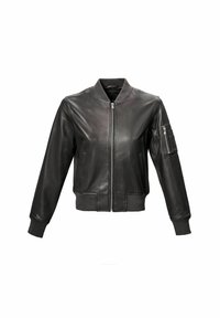 Schwarze Leder-Bomberjacke mit Reißverschluss vorne, gerippten Bündchen und Saum sowie einer Tasche am linken Ärmel. Glatte Textur, minimalistisches Design.
