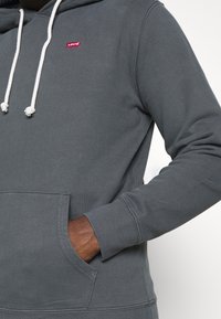 Felpa grigia realizzata in tessuto misto cotone, con tasca frontale, cordini bianchi e un piccolo logo rosso Levi's sul petto.
