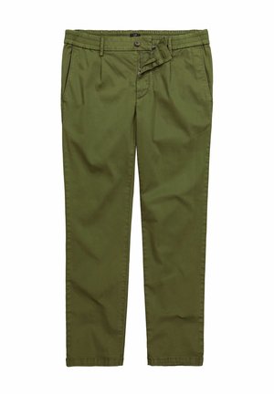 Pantalones de algodón verdes con un corte relajado, que cuentan con un cierre de botón y cremallera, lazos para cinturón y bolsillos laterales. Textura suave, sin patrones.