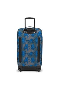 Maleta rodante en negro y azul con un patrón de palmeras, exterior duro, asa telescópica y dos ruedas robustas para mayor movilidad.
