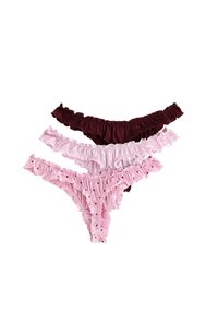 Trois paires de strings froncés pour femmes : bordeaux profond, rose clair et rose pâle. Les caractéristiques incluent un tissu doux et des accents à pois sur les paires roses.