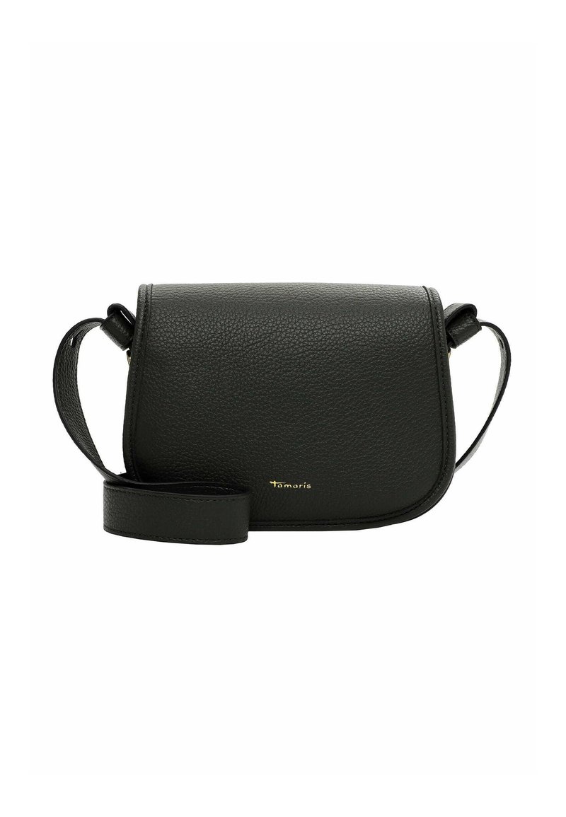 Borsa a tracolla in pelle nera con finitura testurizzata, forma rettangolare e spallaccio regolabile. Presenta un logo dorato sul fronte.