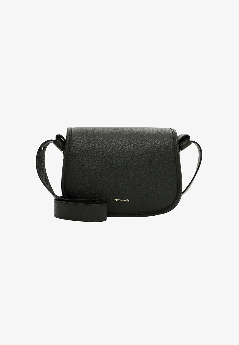 Borsa a tracolla in pelle nera con finitura testurizzata, forma rettangolare e spallaccio regolabile. Presenta un logo dorato sul fronte.