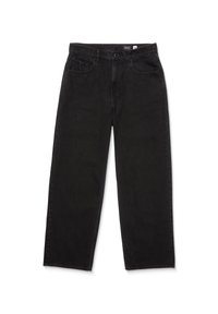 Sorte denim jeans med rett ben-design, fem lommer, glidelås og knappelukking. Stoffet er teksturert og slitesterkt.