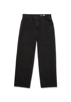 Zwarte denim jeans met een recht model, vijf zakken, een ritssluiting en een knoopsluiting. De stof is textuurrijk en duurzaam.