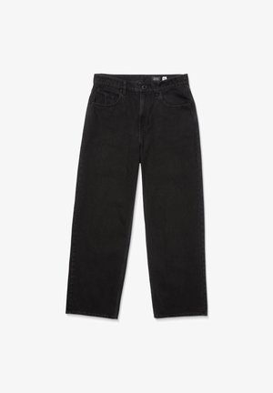 Črne denim hlače s ravnim krojem, petimi žepe, zadrgo in gumbom za zapiranje. Tkanina je teksturirana in trpežna.