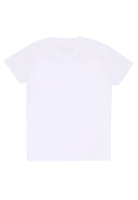 T-shirt z krótkim rękawem, okrągłym dekoltem, w jednolitym białym kolorze; miękka faktura; prosty krój bez nadruków i akcentów.