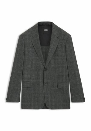 Grau kariertes Blazer aus strukturiertem Stoff. Mit Reverskragen, zwei vorderen Taschen und einem einzelnen Knopfverschluss. Gefüttertes Innenteil.